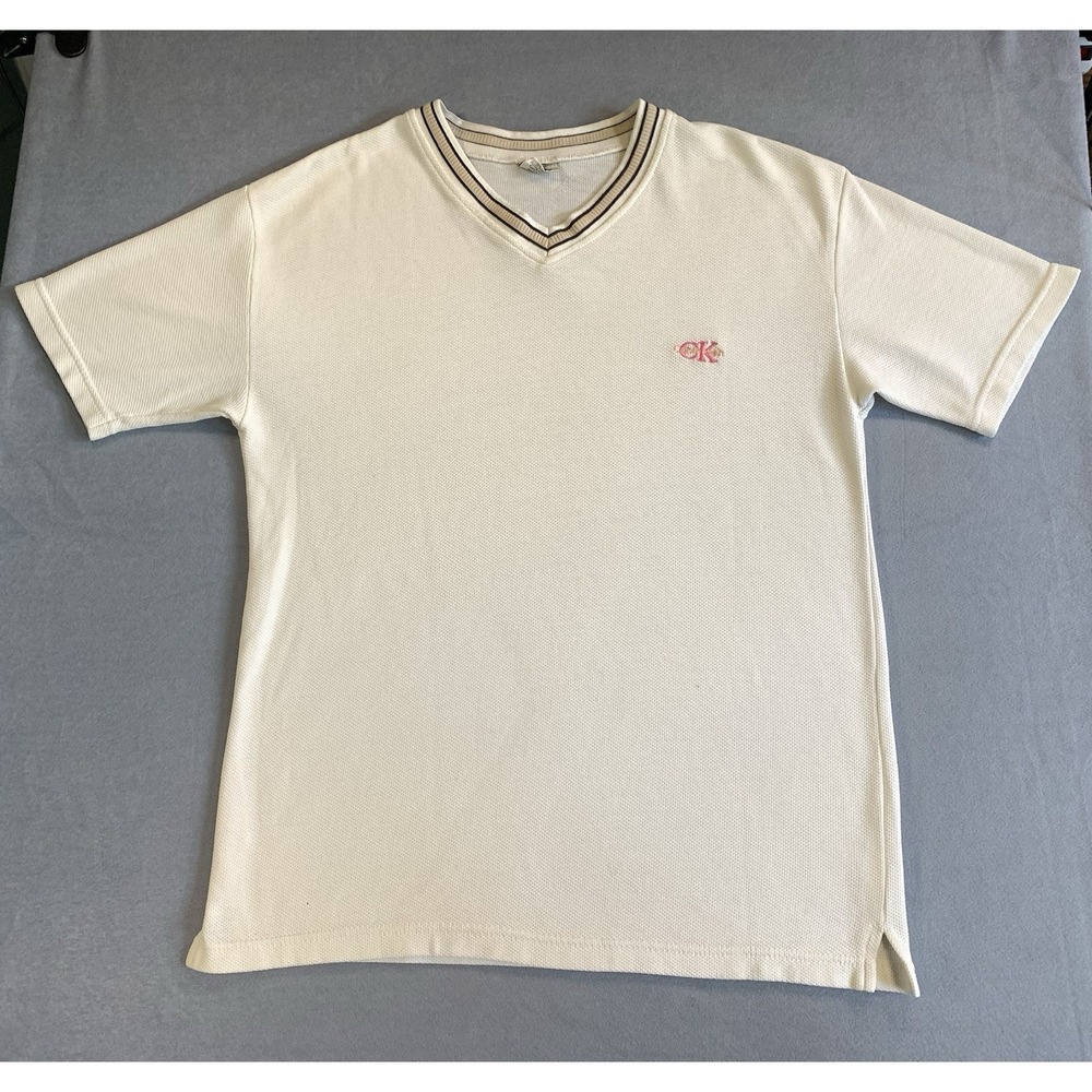 Vintage 90s Calvin Klein Logo Knit Shirt Men's Medium Made in USA White